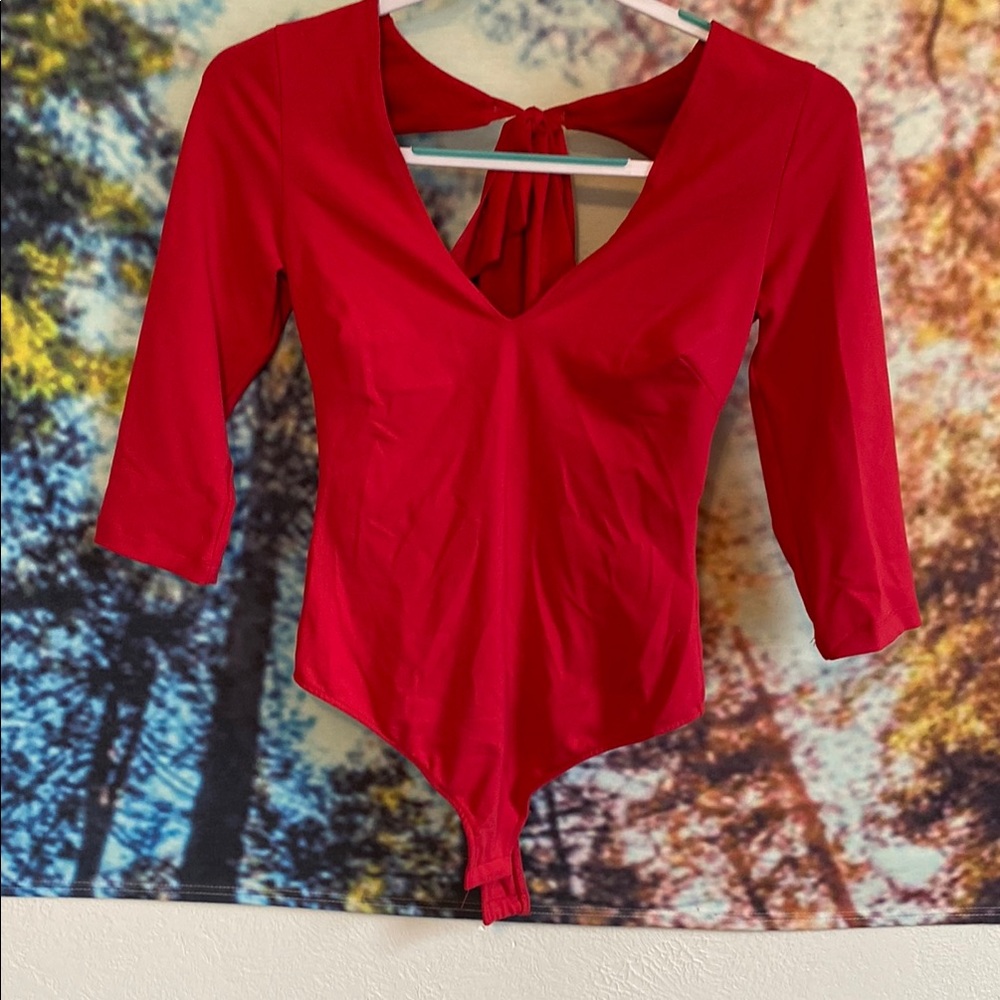 Free People Red 3/4 Sleeve Cut Out Bodysuit